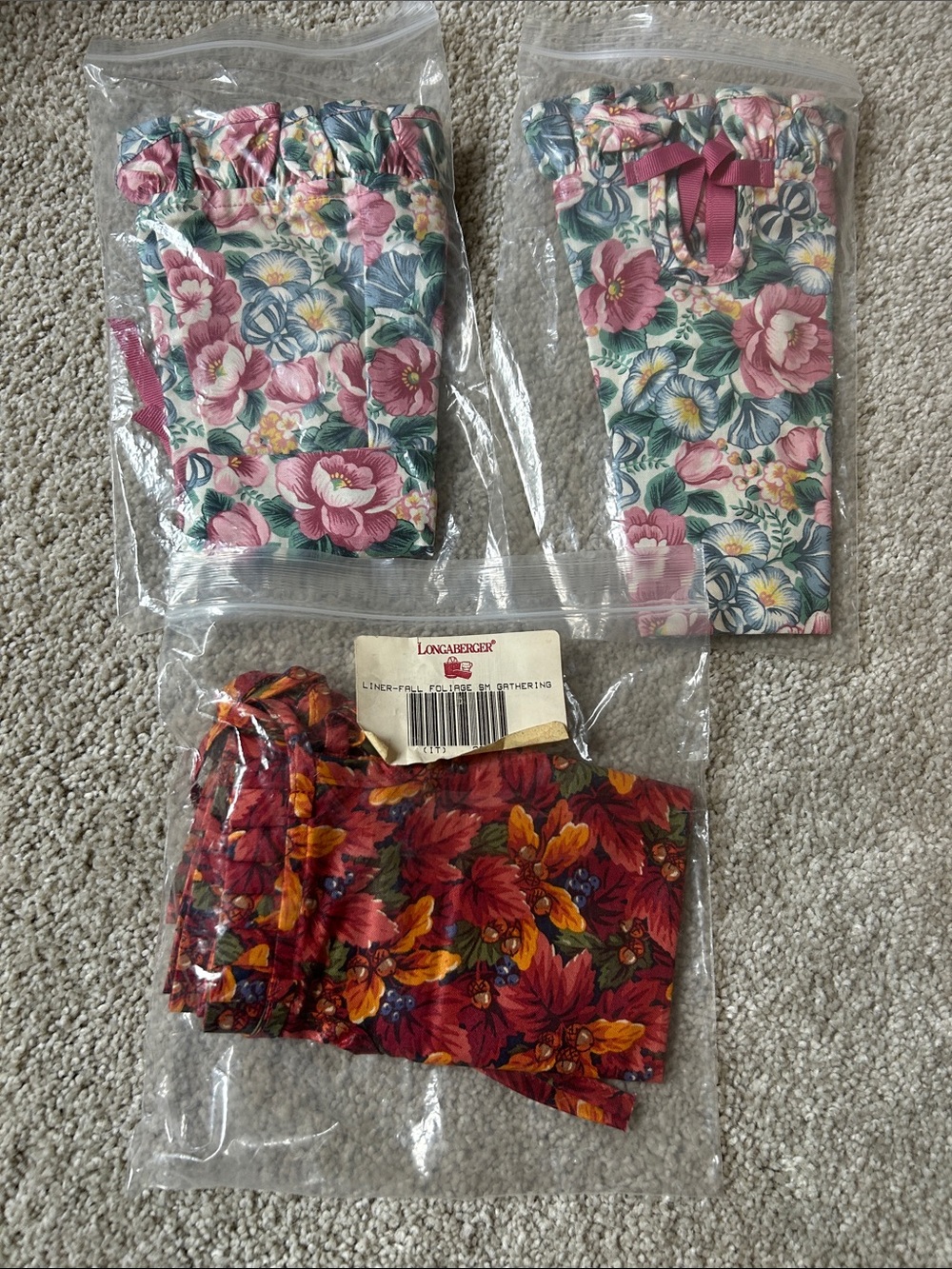 Longaberger Floral Fabric Liners in Pink, Green and Autumn Tones